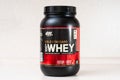 Kiev, Ukraine - May 31, 2020: A closed jar of Ã¢â¬Åoptimum nutritionÃ¢â¬Â protein powder whey protein gold standard with strawberry